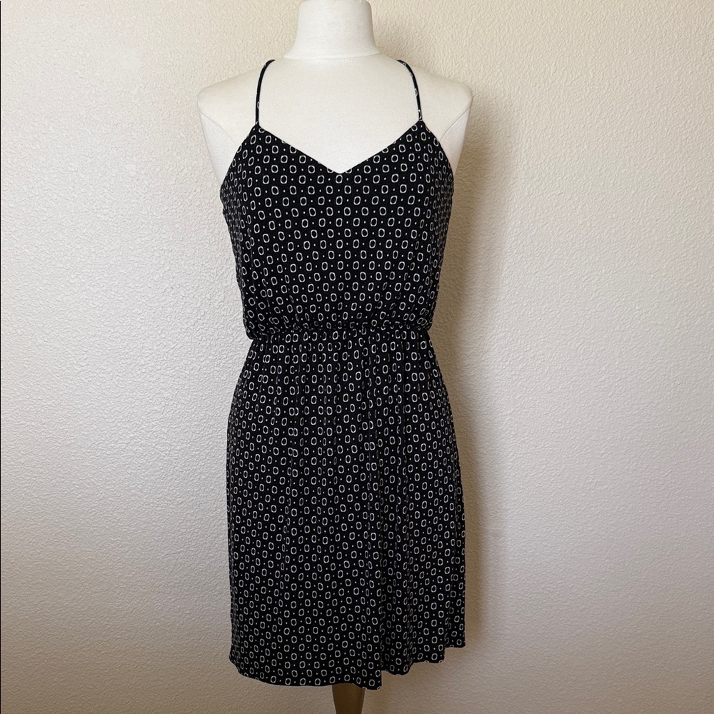 LOFT Black Spaghetti Strap Dress with White Geometric Print (sz-SP))